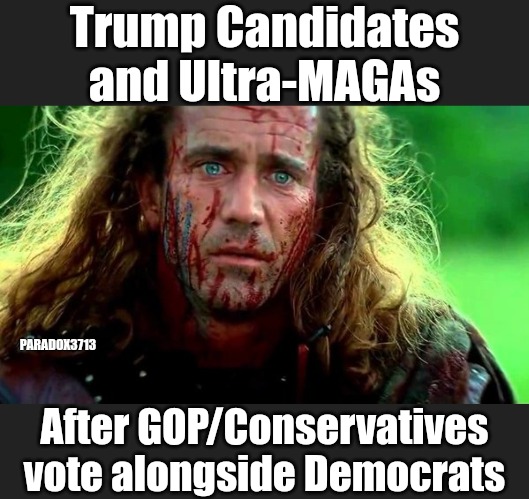 That look when your people vote for Inflation, Violent Crime, Invasion, and Subjugation. | Trump Candidates and Ultra-MAGAs; PARADOX3713; After GOP/Conservatives vote alongside Democrats | image tagged in memes,politics,republicans,maga,gop,braveheart | made w/ Imgflip meme maker