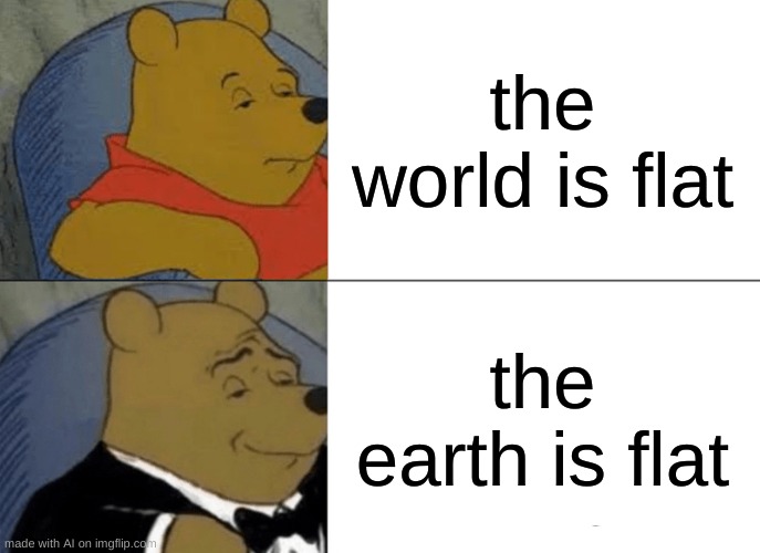 Ok?? | the world is flat; the earth is flat | image tagged in memes,tuxedo winnie the pooh | made w/ Imgflip meme maker