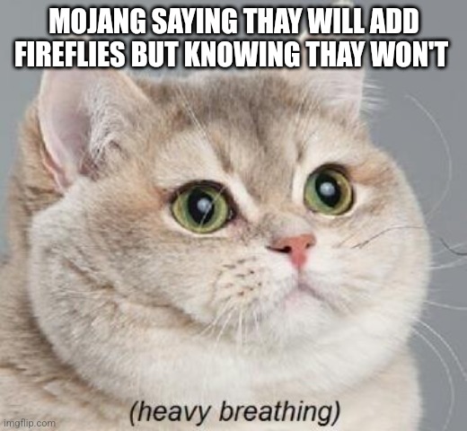 Heavy Breathing Cat Meme | MOJANG SAYING THAY WILL ADD FIREFLIES BUT KNOWING THAY WON'T | image tagged in memes,heavy breathing cat | made w/ Imgflip meme maker