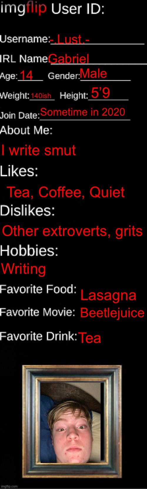 imgflip ID Card | -.Lust.-; Gabriel; Male; 14; 5’9; 140ish; Sometime in 2020; I write smut; Tea, Coffee, Quiet; Other extroverts, grits; Writing; Lasagna; Beetlejuice; Tea | image tagged in imgflip id card | made w/ Imgflip meme maker