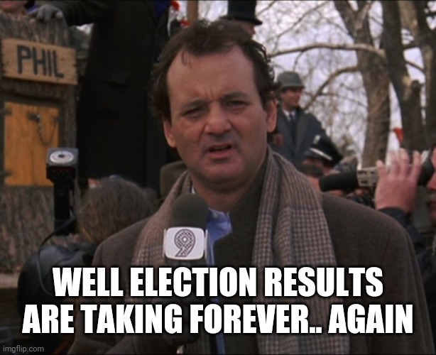 Not a surprise, but it'd be nice to know this year | WELL ELECTION RESULTS ARE TAKING FOREVER.. AGAIN | image tagged in bill murray groundhog day | made w/ Imgflip meme maker