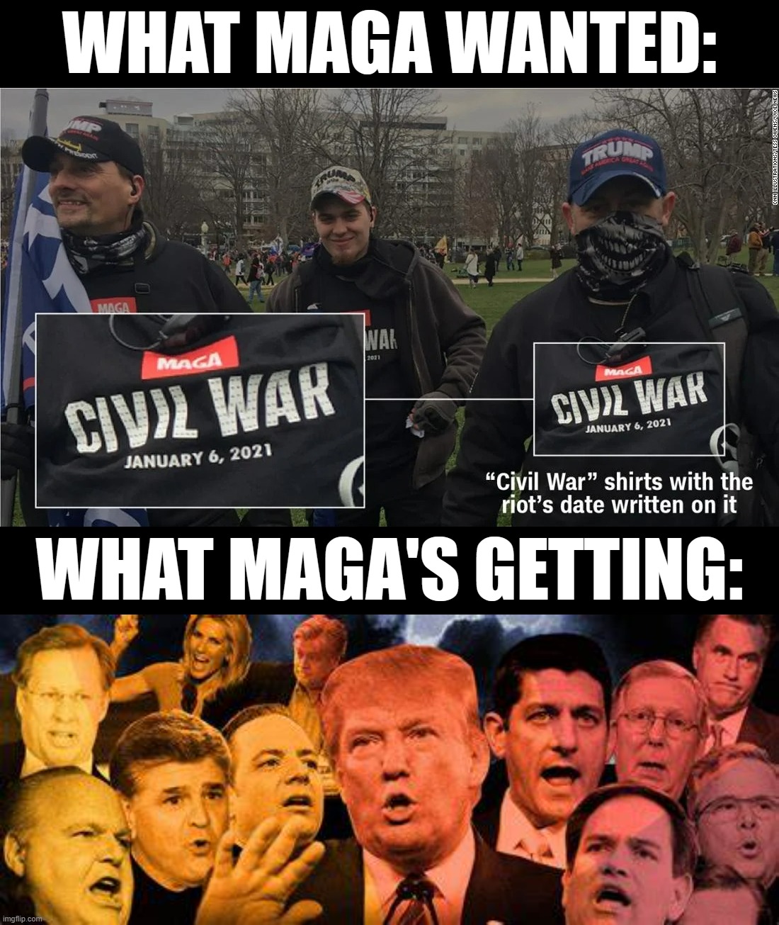 They wanted a Civil War. And they'll get a civil war, alright - within the Republican Party. | WHAT MAGA WANTED:; WHAT MAGA'S GETTING: | image tagged in maga riot symbols civil war,republican civil war | made w/ Imgflip meme maker