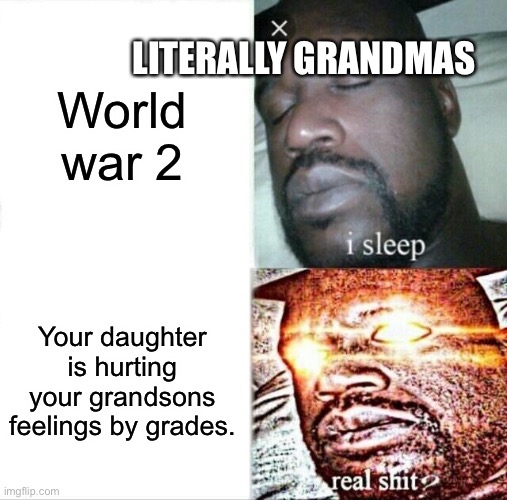 Sleeping Shaq Meme | World war 2; LITERALLY GRANDMAS; Your daughter is hurting your grandsons feelings by grades. | image tagged in memes,sleeping shaq | made w/ Imgflip meme maker