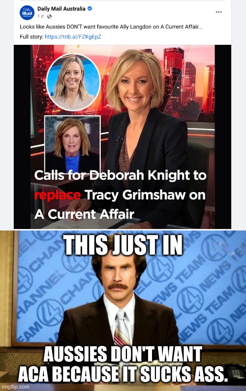 Bye bye Tracy Grimshaw |  THIS JUST IN; AUSSIES DON'T WANT ACA BECAUSE IT SUCKS ASS. | image tagged in breaking news,mainstream media,well this is awkward,oh wow are you actually reading these tags,yes very sad anyway | made w/ Imgflip meme maker