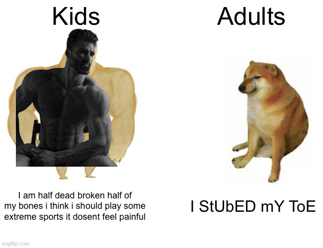 Buff Doge vs. Cheems | Kids; Adults; I am half dead broken half of my bones i think i should play some extreme sports it dosent feel painful; I StUbED mY ToE | image tagged in memes,buff doge vs cheems | made w/ Imgflip meme maker