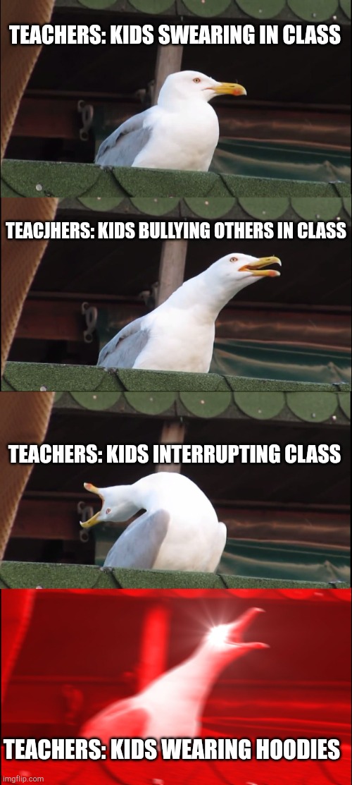 Inhaling Seagull Meme | TEACHERS: KIDS SWEARING IN CLASS; TEACJHERS: KIDS BULLYING OTHERS IN CLASS; TEACHERS: KIDS INTERRUPTING CLASS; TEACHERS: KIDS WEARING HOODIES | image tagged in memes,inhaling seagull | made w/ Imgflip meme maker