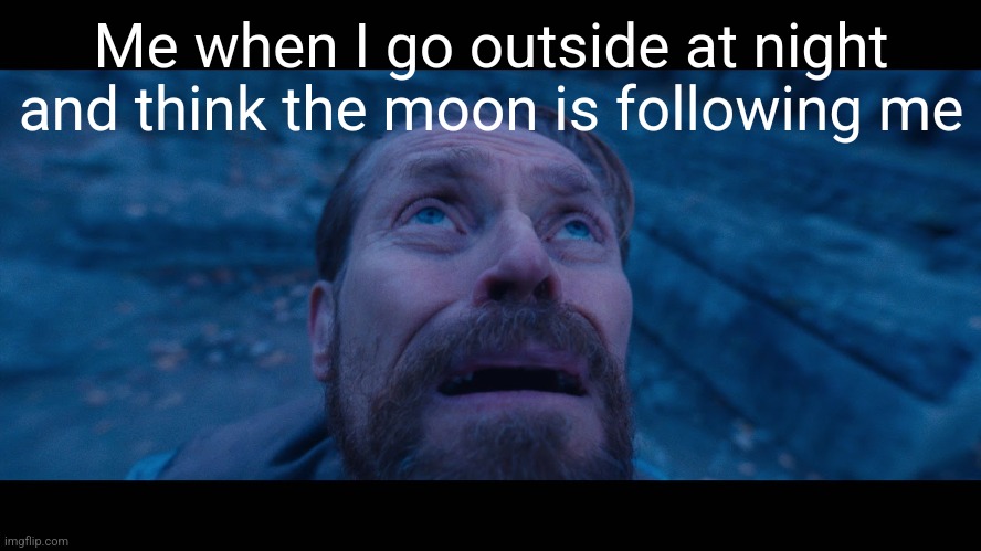 It's true | Me when I go outside at night and think the moon is following me | image tagged in willem dafoe looking up | made w/ Imgflip meme maker