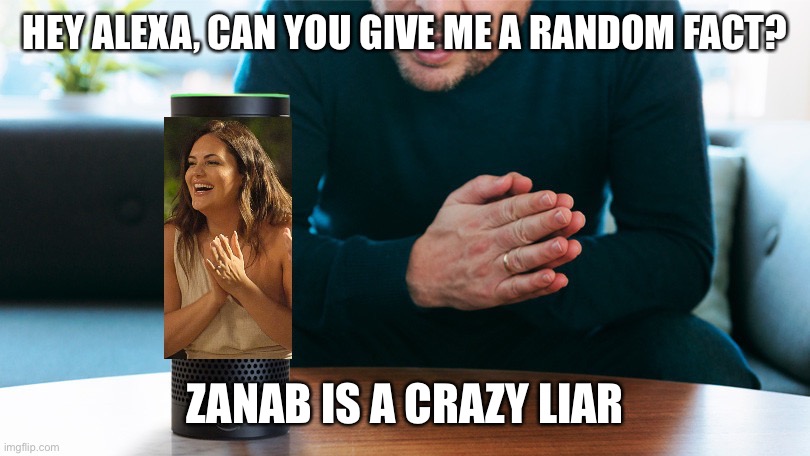 Love is blind | HEY ALEXA, CAN YOU GIVE ME A RANDOM FACT? ZANAB IS A CRAZY LIAR | image tagged in hey alexa love is blind | made w/ Imgflip meme maker