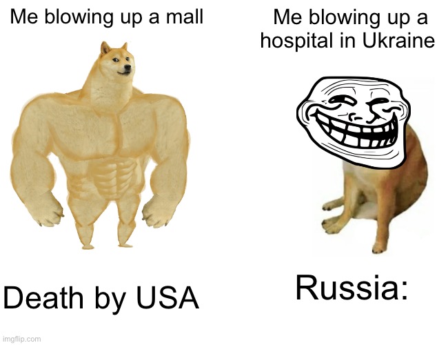 Buff Doge vs. Cheems Meme | Me blowing up a mall; Me blowing up a hospital in Ukraine; Russia:; Death by USA | image tagged in memes,buff doge vs cheems | made w/ Imgflip meme maker