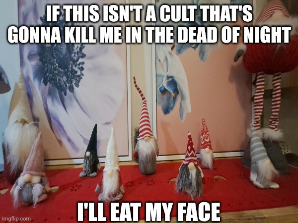 Xmas gnomes? I think NOT! | IF THIS ISN'T A CULT THAT'S GONNA KILL ME IN THE DEAD OF NIGHT; I'LL EAT MY FACE | image tagged in christmas,gnome | made w/ Imgflip meme maker