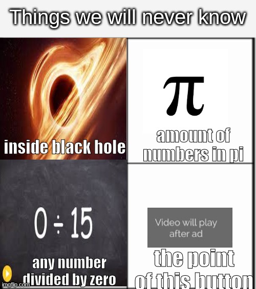 Things we will never know | Things we will never know; amount of numbers in pi; inside black hole; the point of this button; any number divided by zero | image tagged in table chart,memes | made w/ Imgflip meme maker
