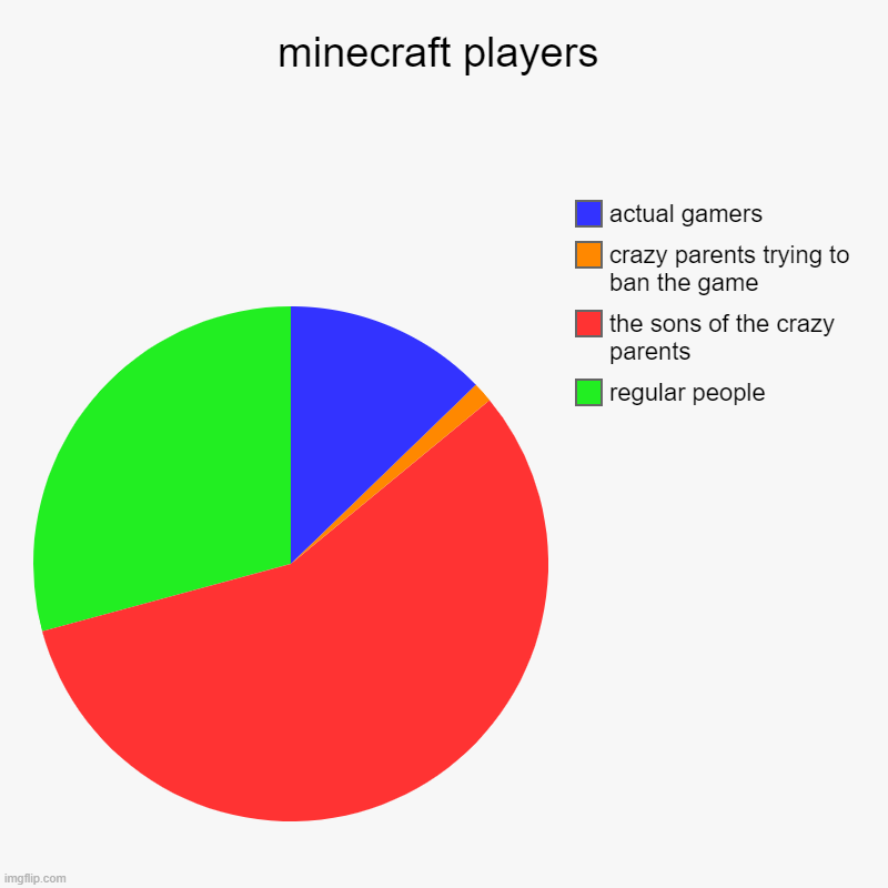 minecraft players | regular people, the sons of the crazy parents, crazy parents trying to ban the game, actual gamers | image tagged in charts,pie charts | made w/ Imgflip chart maker