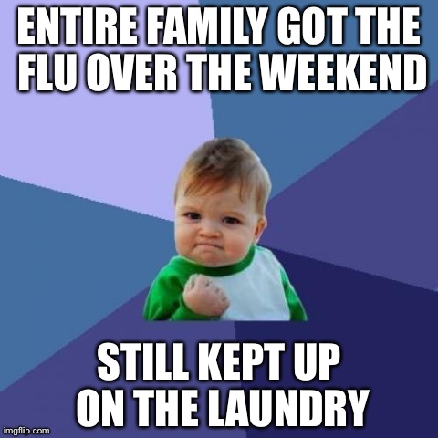 Success Kid Meme | ENTIRE FAMILY GOT THE FLU OVER THE WEEKEND STILL KEPT UP ON THE LAUNDRY | image tagged in memes,success kid | made w/ Imgflip meme maker