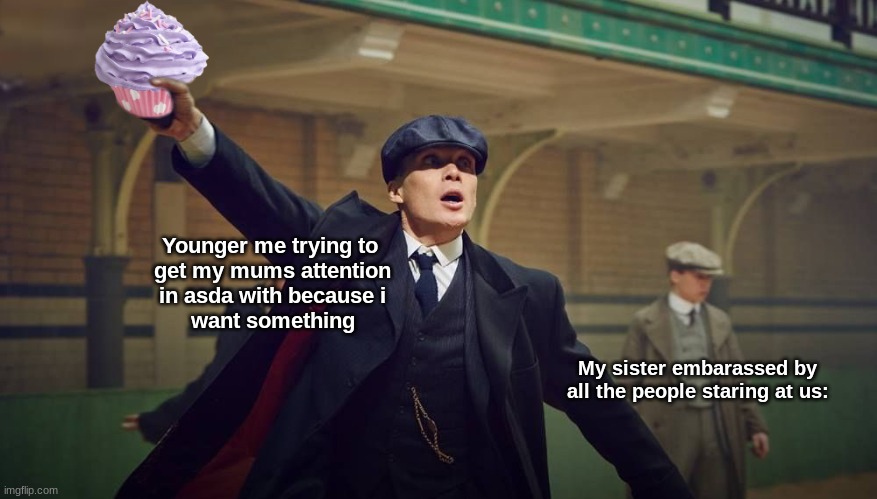 no | Younger me trying to 
get my mums attention
in asda with because i
want something; My sister embarassed by
all the people staring at us: | image tagged in peaky blinders | made w/ Imgflip meme maker