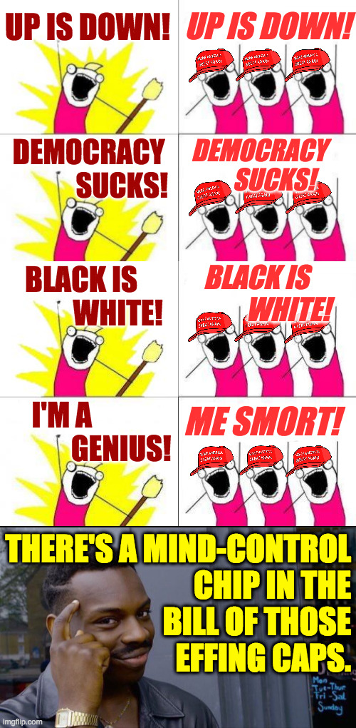 Simple test: Ask your SO if you're smort and see if they hesitate before answering. | UP IS DOWN! UP IS DOWN! DEMOCRACY
            SUCKS! DEMOCRACY   
   SUCKS! BLACK IS     
       WHITE! BLACK IS  
           WHITE! ME SMORT! I'M A         
            GENIUS! THERE'S A MIND-CONTROL
CHIP IN THE
BILL OF THOSE
EFFING CAPS. | image tagged in memes,what do we want,smort,maga chip,mind control,made in china | made w/ Imgflip meme maker