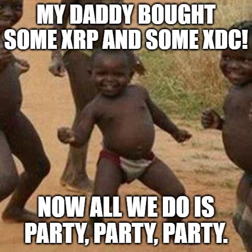 Third World Success Kid Meme | MY DADDY BOUGHT SOME XRP AND SOME XDC! NOW ALL WE DO IS PARTY, PARTY, PARTY. | image tagged in memes,third world success kid | made w/ Imgflip meme maker