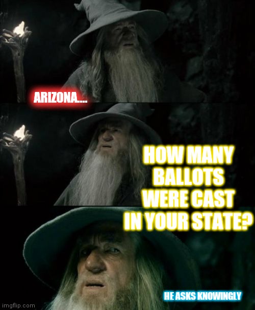 Conscience can be Synchronicity | ARIZONA.... HOW MANY BALLOTS WERE CAST IN YOUR STATE? HE ASKS KNOWINGLY | image tagged in confused gandalf,organized,cheating,targeted | made w/ Imgflip meme maker