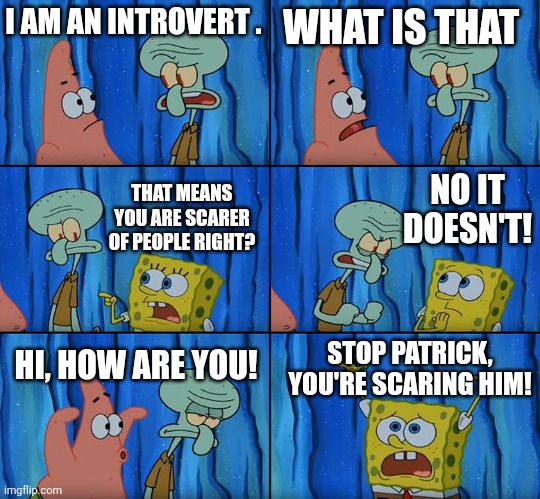 Dumb Meme #71 | I AM AN INTROVERT . WHAT IS THAT; NO IT DOESN'T! THAT MEANS YOU ARE SCARER OF PEOPLE RIGHT? STOP PATRICK, YOU'RE SCARING HIM! HI, HOW ARE YOU! | image tagged in stop it patrick you're scaring him | made w/ Imgflip meme maker