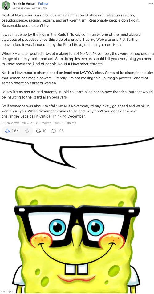 How tf is nnn anti semetic and racist | image tagged in nerd spongebob | made w/ Imgflip meme maker