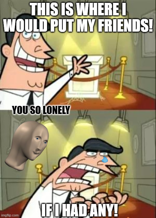 loneley | THIS IS WHERE I WOULD PUT MY FRIENDS! YOU SO LONELY; IF I HAD ANY! | image tagged in memes,this is where i'd put my trophy if i had one | made w/ Imgflip meme maker