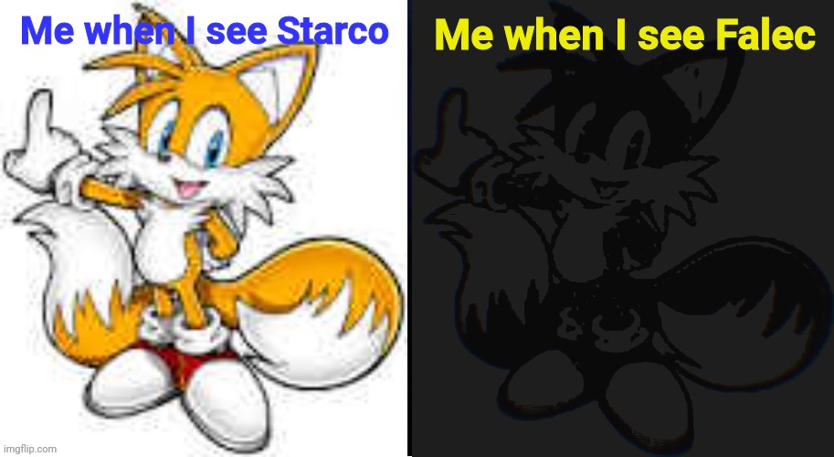 Starco is 100 times cooler than Falec. Falec sucks | Me when I see Starco; Me when I see Falec | image tagged in miles tails prower light and dark,dr livesey light and dark,sonic,sonic x | made w/ Imgflip meme maker