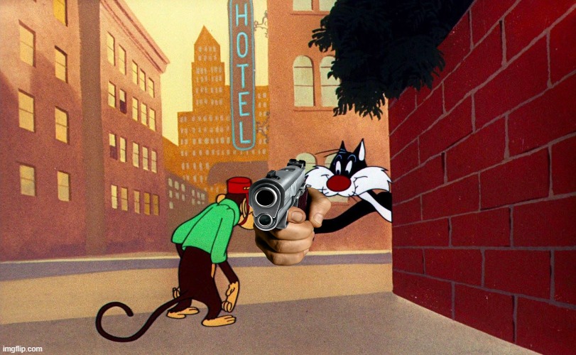 he has a gun | image tagged in sylvester the monkey,sylvester the cat,looney tunes,warner bros,cartoons,gun | made w/ Imgflip meme maker