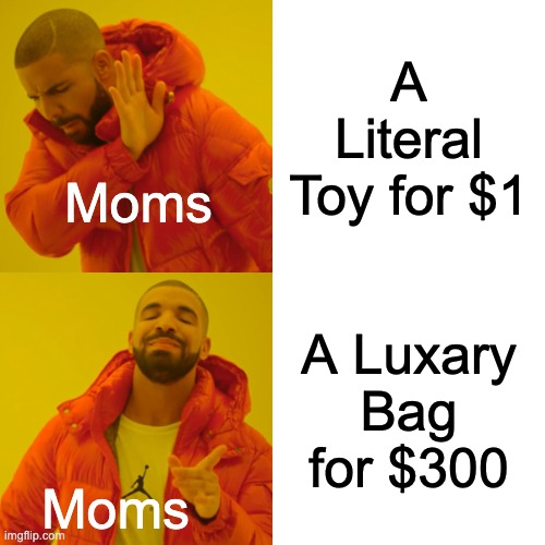 many people relate | A Literal Toy for $1; Moms; A Luxary Bag for $300; Moms | image tagged in memes,drake hotline bling,moms,life,childhood,mom | made w/ Imgflip meme maker