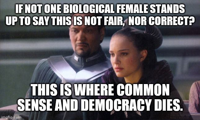 So this is how democracy dies | IF NOT ONE BIOLOGICAL FEMALE STANDS UP TO SAY THIS IS NOT FAIR,  NOR CORRECT? THIS IS WHERE COMMON SENSE AND DEMOCRACY DIES. | image tagged in so this is how democracy dies | made w/ Imgflip meme maker