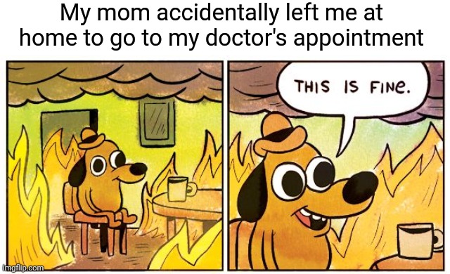 This Is Fine | My mom accidentally left me at home to go to my doctor's appointment | image tagged in memes,this is fine | made w/ Imgflip meme maker