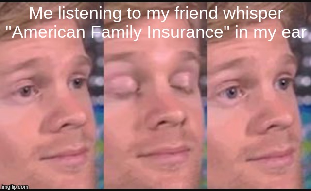Blinking guy | Me listening to my friend whisper "American Family Insurance" in my ear | image tagged in blinking guy | made w/ Imgflip meme maker