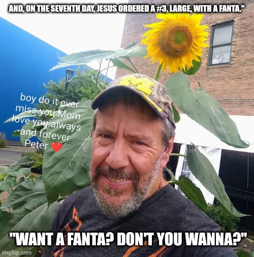 Peter Plant | AND, ON THE SEVENTH DAY, JESUS ORDERED A #3, LARGE, WITH A FANTA."; "WANT A FANTA? DON'T YOU WANNA?" | image tagged in peter plant,arby's,wanna sprite cranberry,jesus christ,funny | made w/ Imgflip meme maker