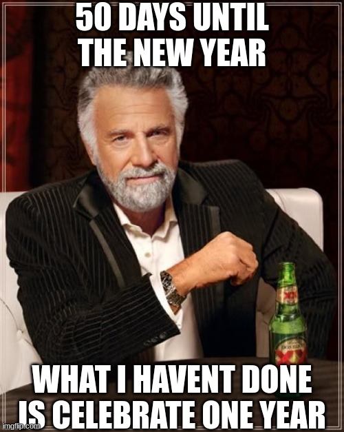 50 days | 50 DAYS UNTIL THE NEW YEAR; WHAT I HAVENT DONE IS CELEBRATE ONE YEAR | image tagged in memes,the most interesting man in the world,funny,new year,forgot | made w/ Imgflip meme maker
