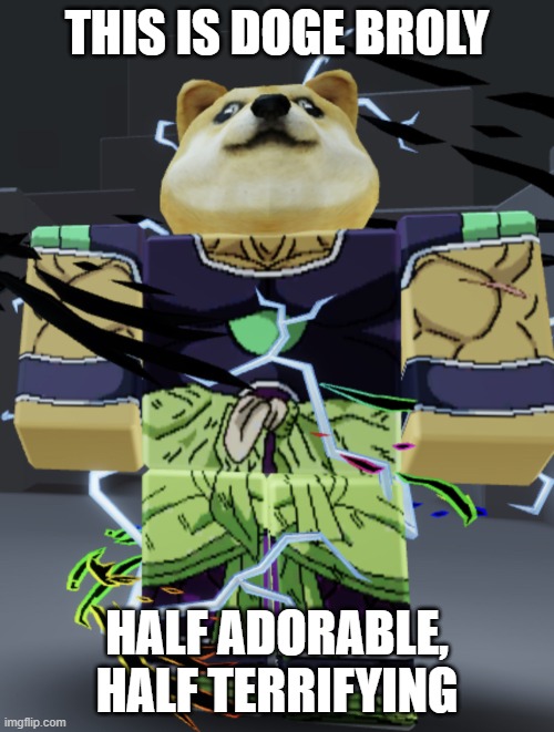 doge broly | THIS IS DOGE BROLY; HALF ADORABLE, HALF TERRIFYING | image tagged in doge broly | made w/ Imgflip meme maker