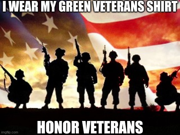 How I celebrate veterans | I WEAR MY GREEN VETERANS SHIRT; HONOR VETERANS | image tagged in veterans day,usa,honor | made w/ Imgflip meme maker