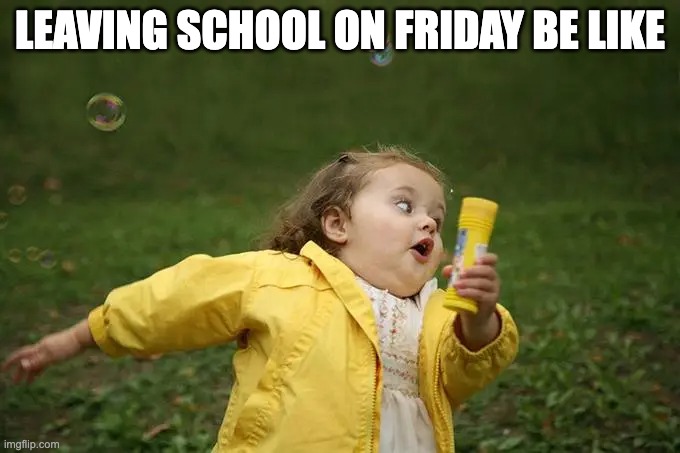 Friday | LEAVING SCHOOL ON FRIDAY BE LIKE | image tagged in school | made w/ Imgflip meme maker