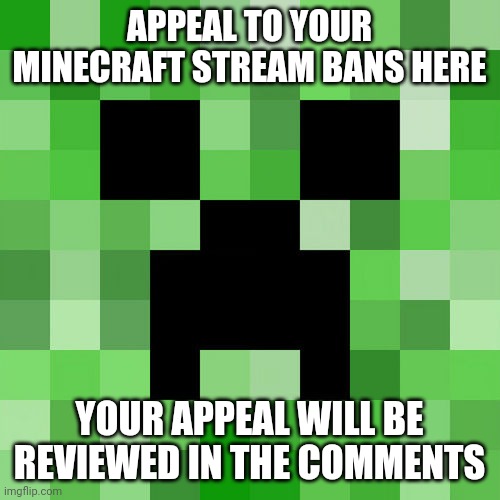 Minecraft stream ban appeal | APPEAL TO YOUR MINECRAFT STREAM BANS HERE; YOUR APPEAL WILL BE REVIEWED IN THE COMMENTS | image tagged in memes | made w/ Imgflip meme maker