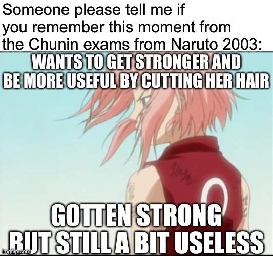 Please someone tell me if you remember this | Someone please tell me if you remember this moment from the Chunin exams from Naruto 2003:; WANTS TO GET STRONGER AND BE MORE USEFUL BY CUTTING HER HAIR; GOTTEN STRONG BUT STILL A BIT USELESS | image tagged in sakura acting useful but still useless,memes,sakura,useless,chunin exams,naruto shippuden | made w/ Imgflip meme maker