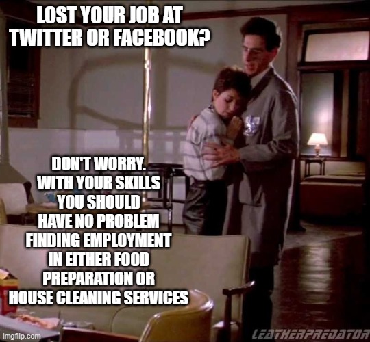 ghostbusters advice | LOST YOUR JOB AT TWITTER OR FACEBOOK? DON'T WORRY. WITH YOUR SKILLS YOU SHOULD HAVE NO PROBLEM FINDING EMPLOYMENT IN EITHER FOOD PREPARATION OR HOUSE CLEANING SERVICES | image tagged in twitter,ghostbusters | made w/ Imgflip meme maker
