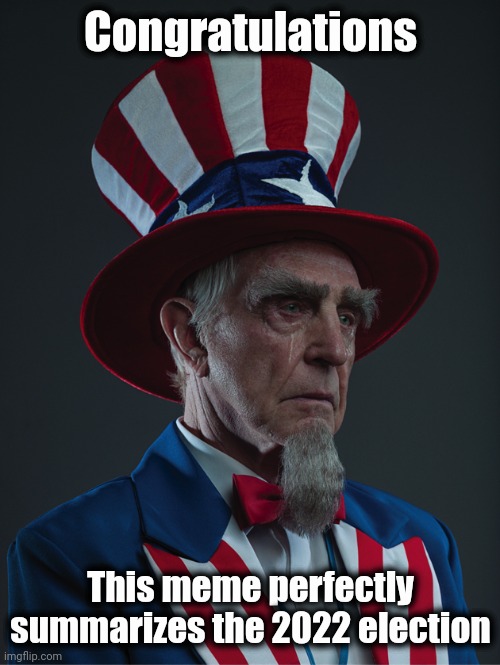 Uncle Sam Crying | Congratulations This meme perfectly summarizes the 2022 election | image tagged in uncle sam crying | made w/ Imgflip meme maker