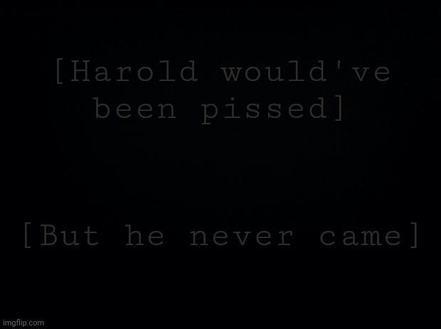 Black background | [Harold would've been pissed] [But he never came] | image tagged in black background | made w/ Imgflip meme maker