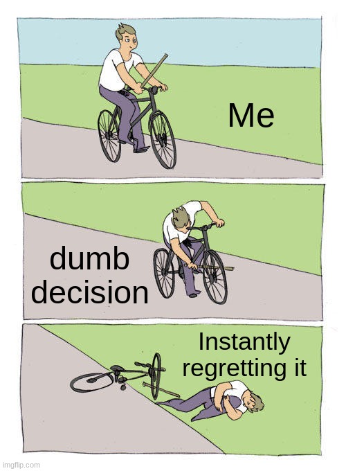 Dumb people | Me; dumb decision; Instantly regretting it | image tagged in memes,bike fall | made w/ Imgflip meme maker