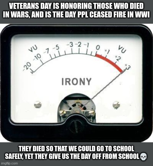 the irony kills. quite literally | VETERANS DAY IS HONORING THOSE WHO DIED IN WARS, AND IS THE DAY PPL CEASED FIRE IN WWI; THEY DIED SO THAT WE COULD GO TO SCHOOL SAFELY, YET THEY GIVE US THE DAY OFF FROM SCHOOL💀 | image tagged in irony meter | made w/ Imgflip meme maker