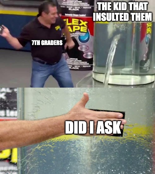Did i ask | THE KID THAT INSULTED THEM; 7TH GRADERS; DID I ASK | image tagged in flex tape | made w/ Imgflip meme maker