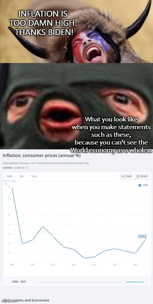 We all know you cannot have an independent thought.  Perhaps you should consider your sources! | INFLATION IS TOO DAMN HIGH.  THANKS BIDEN! What you look like when you make statements such as these, because you can't see the World economy as a whole... | image tagged in qanon shaman,oof | made w/ Imgflip meme maker