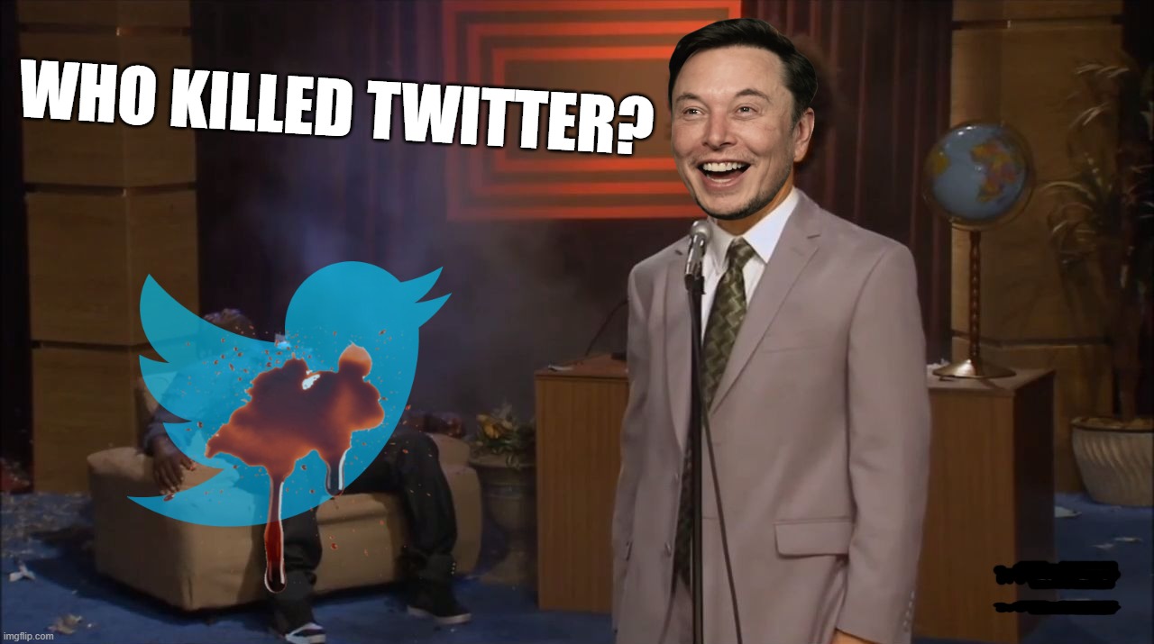 i bet youre lookin for the culprit....right? | WHO KILLED TWITTER? | image tagged in finger,pointing,elon musk buying twitter,twitter birds says,bankruptcy,suicide is badass | made w/ Imgflip meme maker