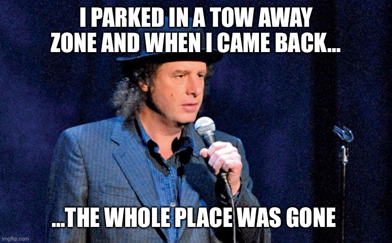 Steven Wright | I PARKED IN A TOW AWAY ZONE AND WHEN I CAME BACK…; …THE WHOLE PLACE WAS GONE | image tagged in steven wright | made w/ Imgflip meme maker