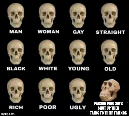 idiot skull | PERSON WHO SAYS SHUT UP THEN TALKS TO THEIR FRIENDS | image tagged in idiot skull | made w/ Imgflip meme maker