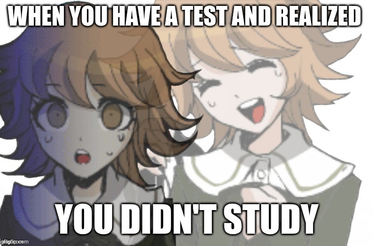 Chihiro laughs before realizing | WHEN YOU HAVE A TEST AND REALIZED; YOU DIDN'T STUDY | image tagged in chihiro laughs before realizing | made w/ Imgflip meme maker