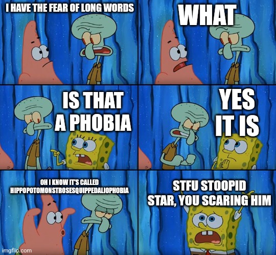 Stop it, Patrick! You're Scaring Him! | I HAVE THE FEAR OF LONG WORDS; WHAT; YES IT IS; IS THAT A PHOBIA; OH I KNOW IT'S CALLED HIPPOPOTOMONSTROSESQUIPPEDALIOPHOBIA; STFU STOOPID STAR, YOU SCARING HIM | image tagged in stop it patrick you're scaring him | made w/ Imgflip meme maker