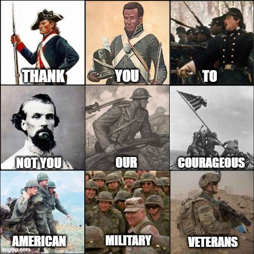 Happy Veterans Day | THANK; YOU; TO; NOT YOU; OUR; COURAGEOUS; MILITARY; AMERICAN; VETERANS | made w/ Imgflip meme maker